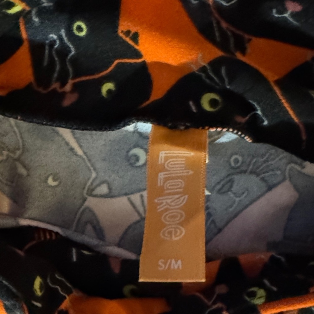 LuLaRoe Kids Leggings with Black Cat Print on Orange - Picture 2 of 4